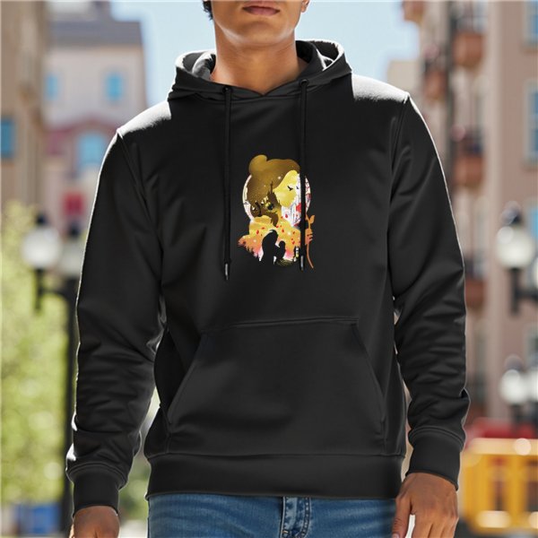Black hoodie with stylized lion silhouette graphic print
