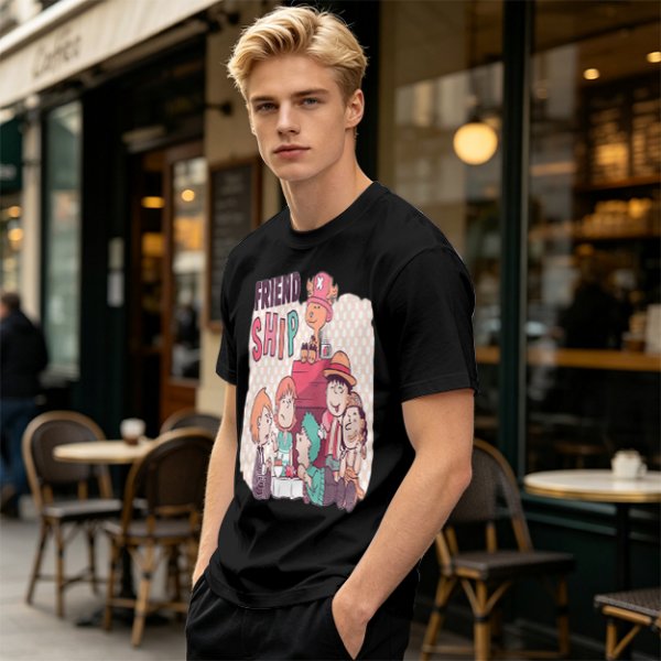 Olive T-Shirt with Friendship Themed Cartoon Crew Print