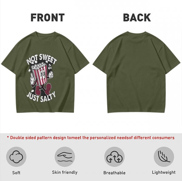 Olive T-Shirt with 'Not Sweet Just Salty' Cartoon Popcorn Print