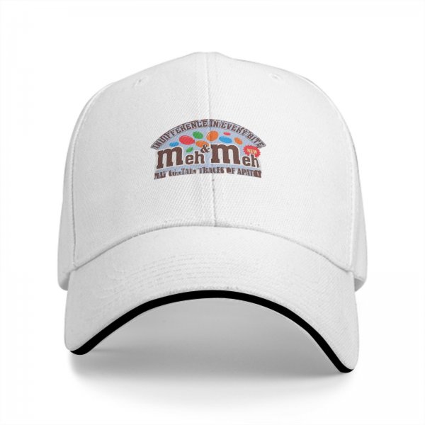 Black baseball cap with 'meh & meh' novelty candy parody design