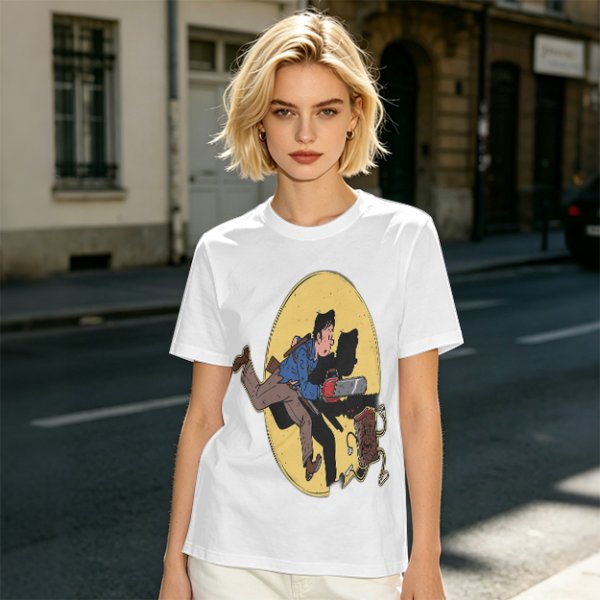 Olive T-shirt with Cartoon Chainsaw Action Character Print
