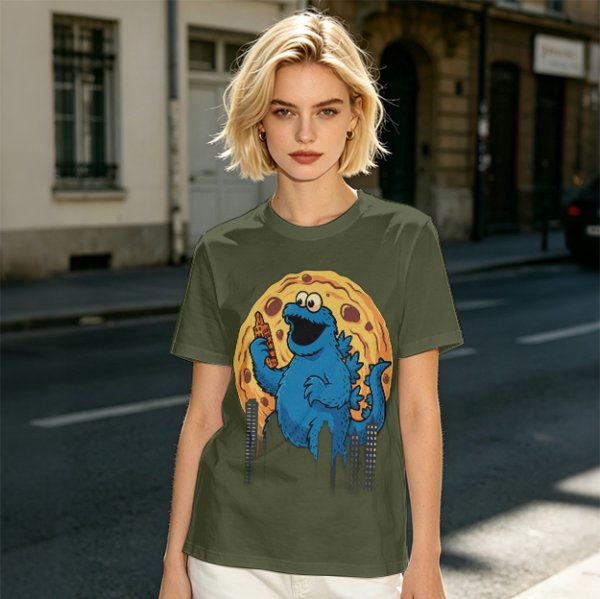 Olive T-Shirt Featuring Giant Cookie Monster Holding Cookie Against Moon