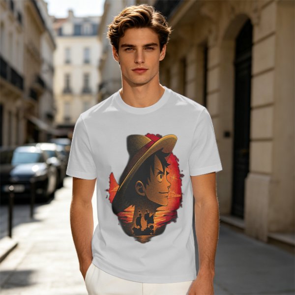 Olive T-Shirt Featuring Monkey D. Luffy Sunset Pirate Ship Art
