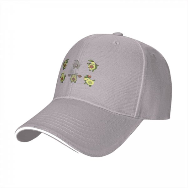 Black baseball cap with cartoon fitness avocado illustrations