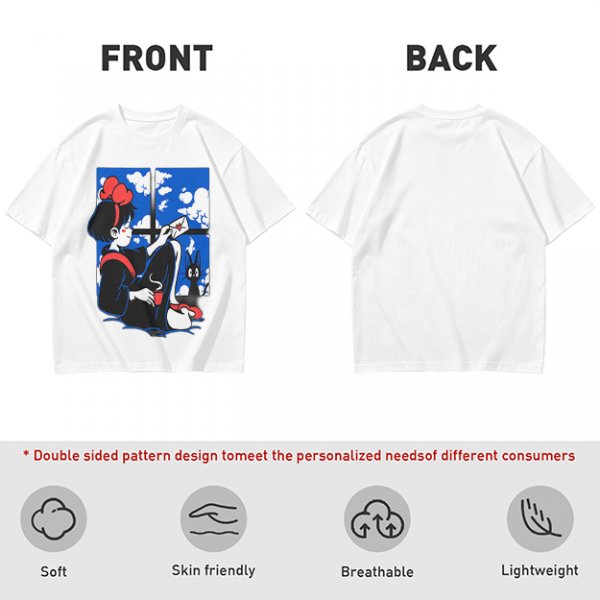 Olive t-shirt with Kiki's Delivery Service window print of girl reading letter