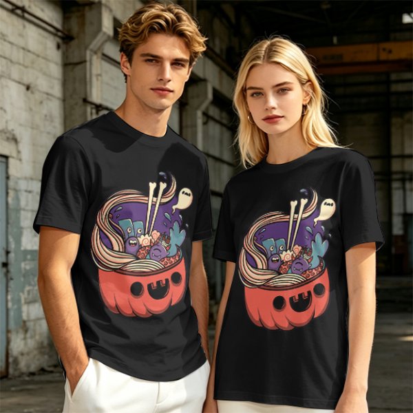 Halloween pumpkin ramen bowl with cute monster graphic t-shirt