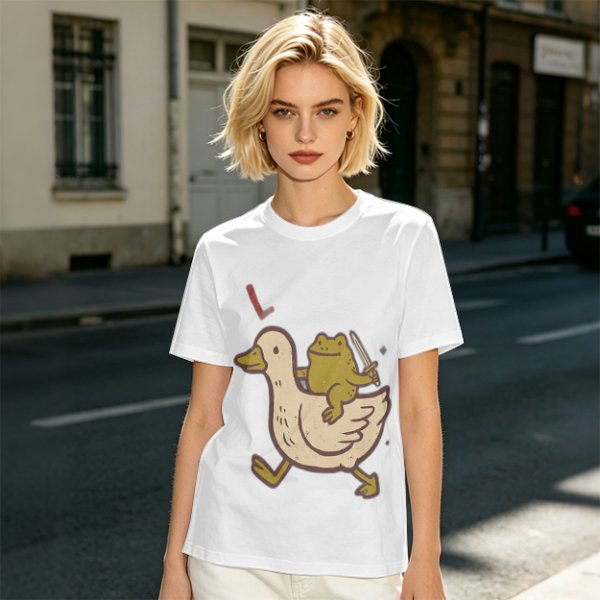 Olive T-Shirt Featuring Frog Riding Duck Holding Knife