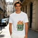 Olive green t-shirt with a cartoon burning box graphic