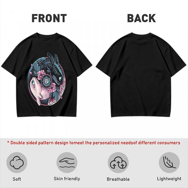 Olive T-Shirt with Yin Yang Dragon Floral Sun Moon Art