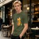 Olive T-shirt with mischievous orange cat knocking over green cup print
