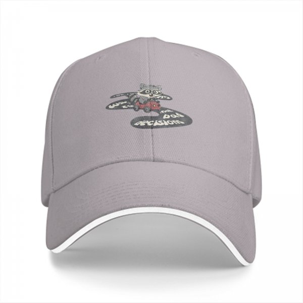 Black baseball cap with raccoon driving car and bad decisions print