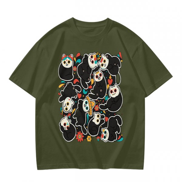 Olive T-Shirt With Day Of The Dead Cat Skull Graphic Print