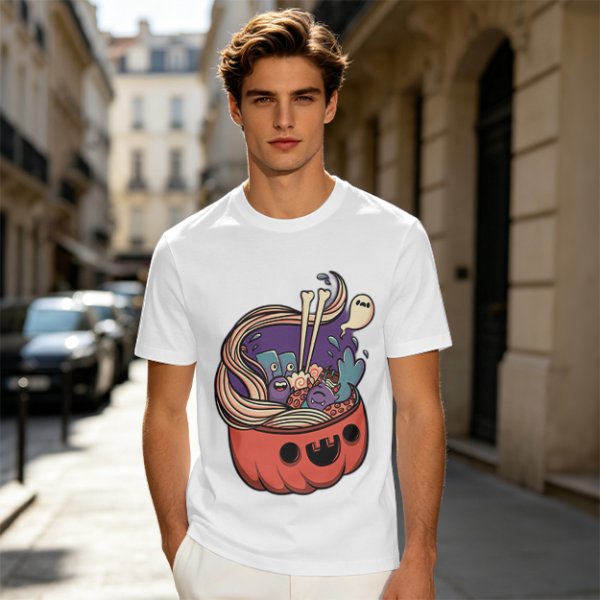 Halloween pumpkin ramen bowl with cute monster graphic t-shirt