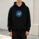 Black Hoodie With Cartoon Dog In Blue Swirl Graphic