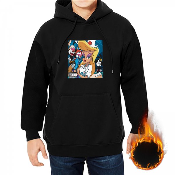 Black hoodie with Animaniacs nurse and characters graphic print