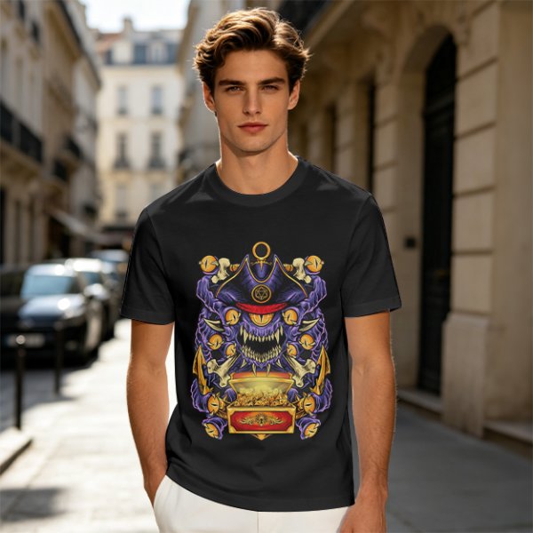Olive T-Shirt With Pirate Beholder Monster And Treasure Chest Art