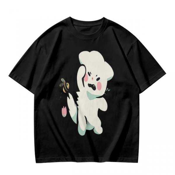 Olive T-Shirt With Angry Fluffy White Creature Swatting At Bee Print
