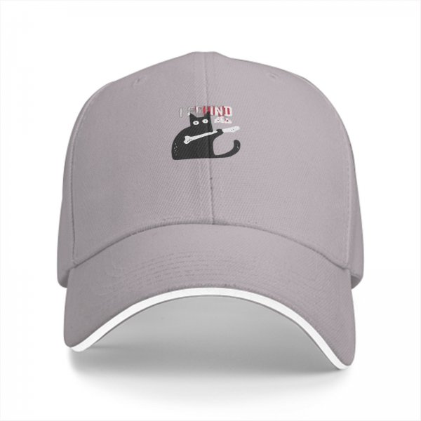 Black baseball cap with a cat holding a bone graphic and text