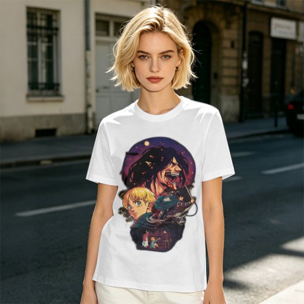 Attack on Titan themed graphic tee with anime character artwork