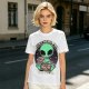 Olive green t-shirt with alien eating pizza text Just Here For The Pizza