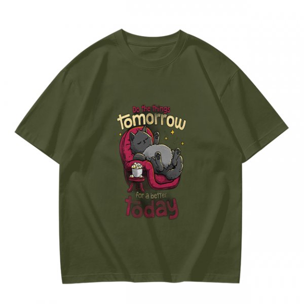 Olive T-Shirt With Relaxed Cat 'Tomorrow For A Better Today' Print