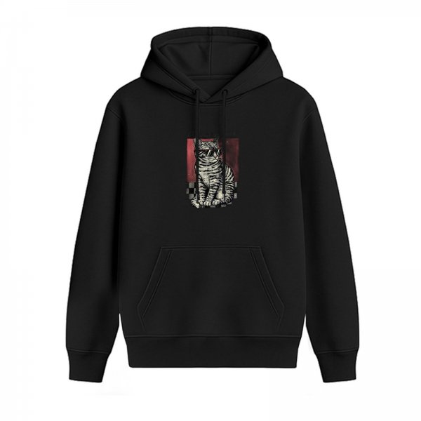 Black Hoodie With Cool Sunglass Wearing Cat Graphic Print