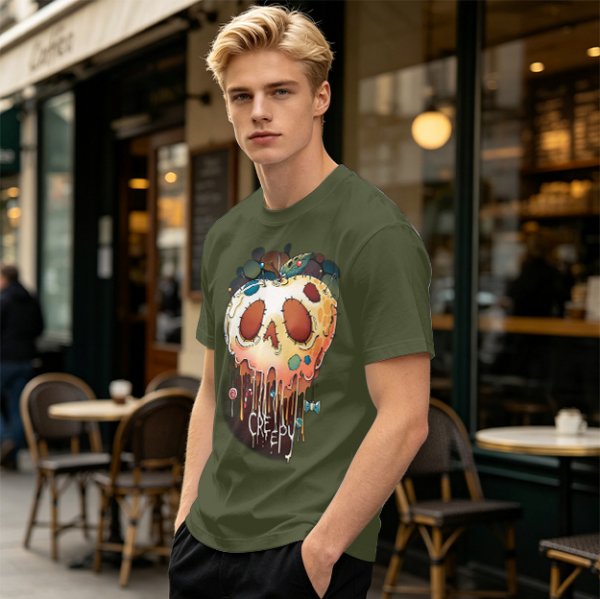Olive Green T-Shirt With Creepy Melting Skull Apple Graphic