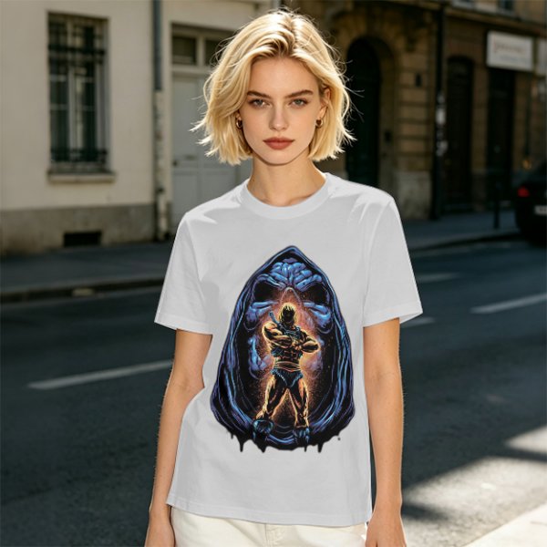 Olive T-Shirt with Muscular Hero Emerging from Hooded Figure Art