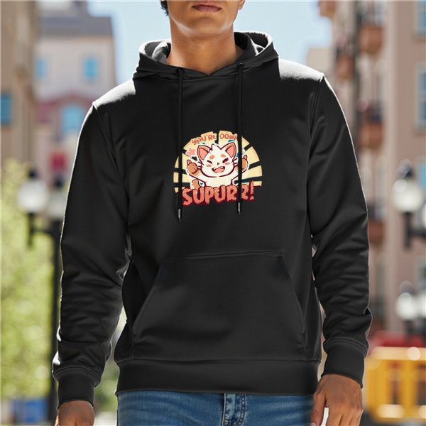 Black Hoodie With Cheering Cat 'You're Doing Supurr!' Graphic