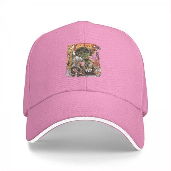 Black baseball cap with giant broccoli monster city attack print