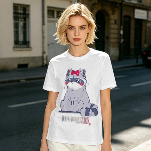 Olive T-shirt with Cute Raccoon Wearing Red Bow Graphic