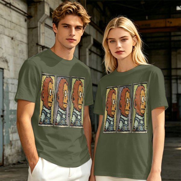 Olive Green T-Shirt With Three Panel Cartoon Monkey Head Print