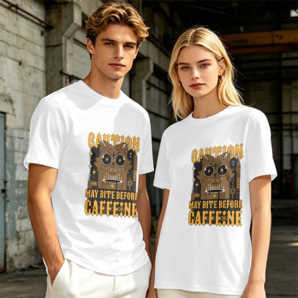 Olive Graphic T-Shirt With 'Caution May Bite Before Caffeine' Angry Cat Print