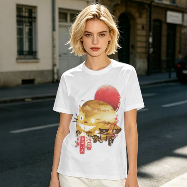 Olive t-shirt with Japanese cat bus and sun graphic