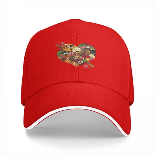 Black baseball cap with heart shaped food print design