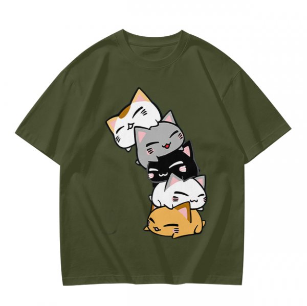 Olive T-Shirt With Stacked Cute Chibi Cats Graphic