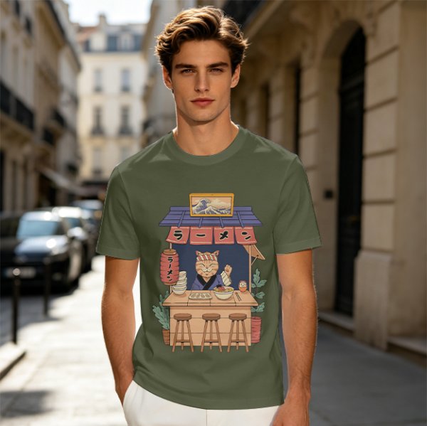 Olive T-Shirt with Cat Ramen Shop Artwork