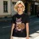 Olive t-shirt with a raccoon holding a fast food trash sign