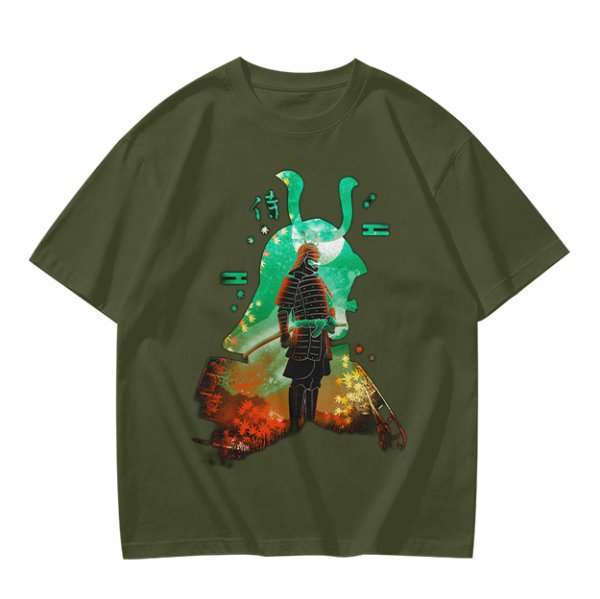 Olive T-shirt with Samurai Warrior and Helmet Art Print