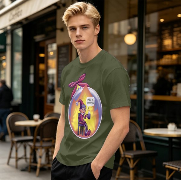 Olive Christmas Elf Ornament T-Shirt with 'This is Xmass' Print