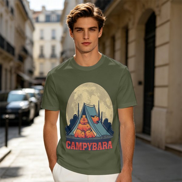 Capybara Camping Tent Full Moon Graphic T-Shirt