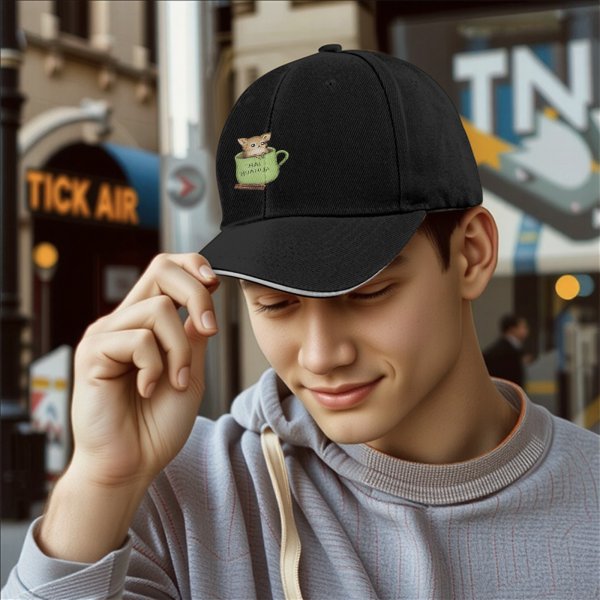Black baseball cap with chihuahua in teacup graphic design