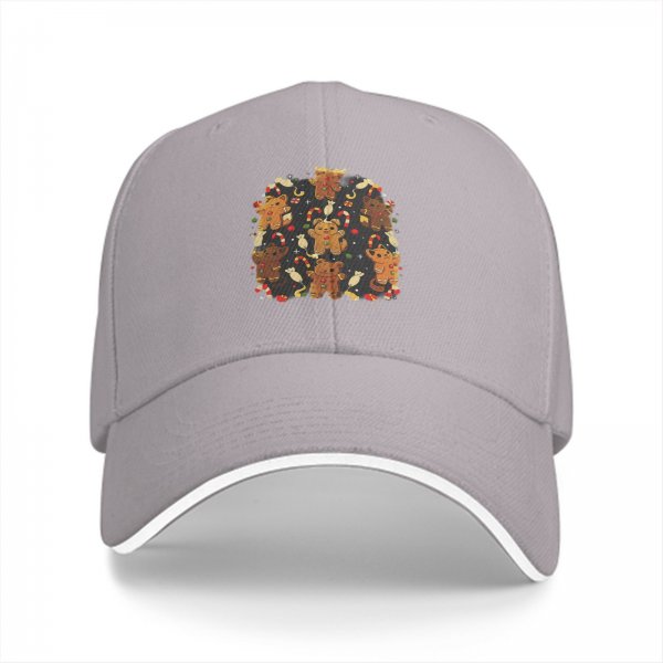 Black Baseball Cap With Christmas Gingerbread Cat Print