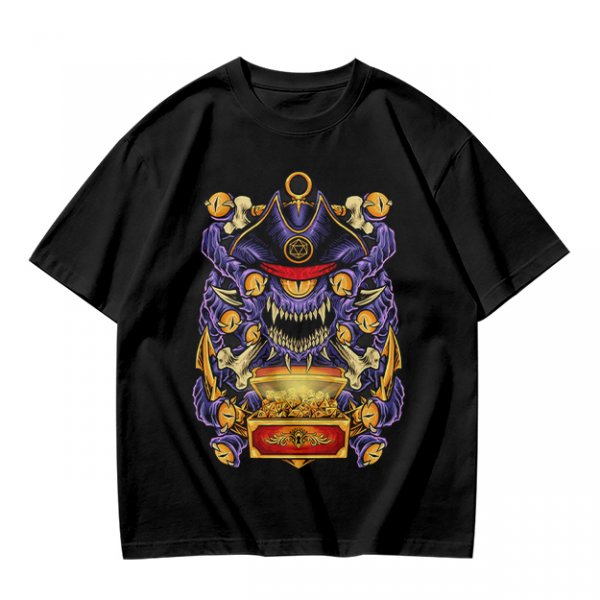 Olive T-Shirt With Pirate Beholder Monster And Treasure Chest Art