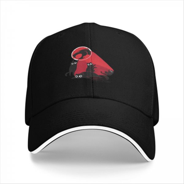 Black Baseball Cap With Playful Black Cat Red Graphic Design