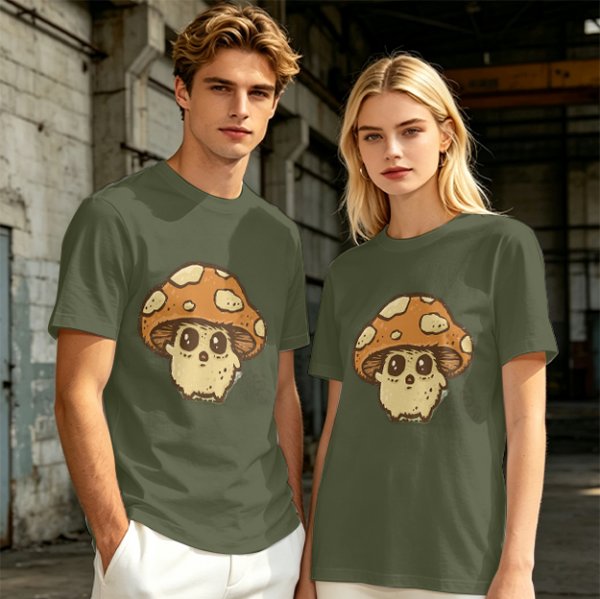 Olive Green T-Shirt With Cute Mushroom Skull Graphic