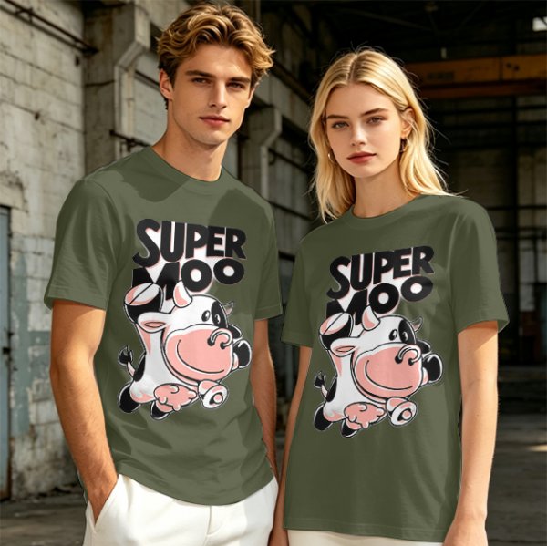 Olive green t-shirt with 'SUPER MOO' and cartoon cow graphic