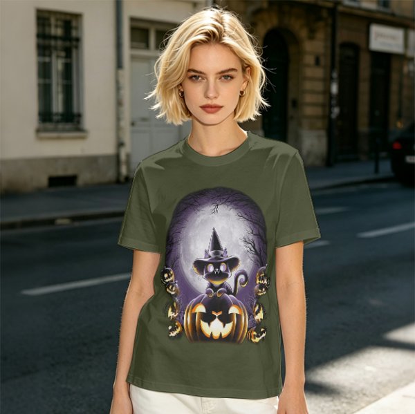 Halloween Black Cat Witch Jack-o'-lantern Graphic T-Shirt