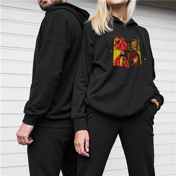 Black hoodie with four-panel illustrated character graphic