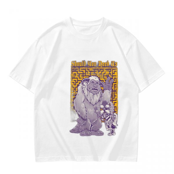 Olive graphic tee with maze and fantasy creatures reading Should You Need Us